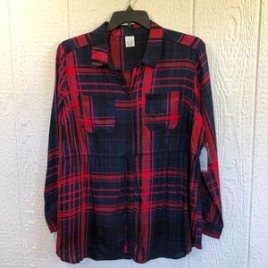 Time and Tru Maternity Blouse, Maternity Shirt, Plaid Shirt, Drawstring Buttonup